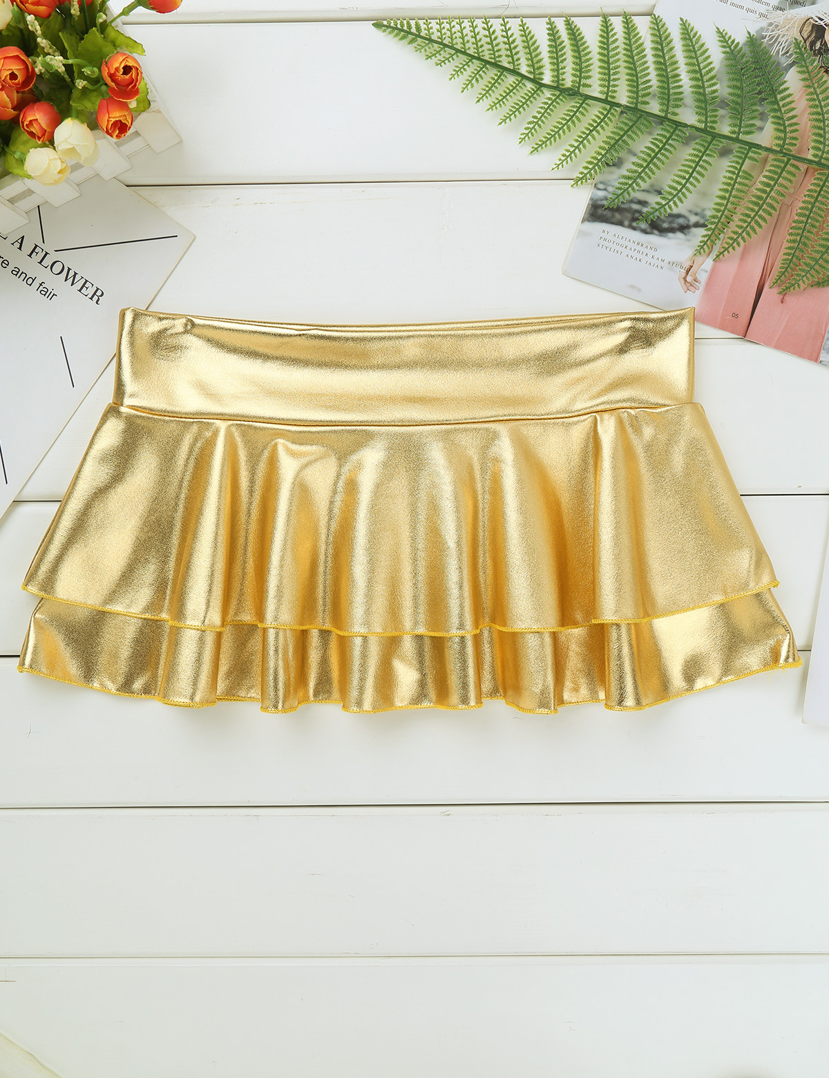 DPOIS Women Shiny Metallic Pleated Mini Skirt Adult Low Rise Elastic Skirts Ruffled Dance Costume Rave Carnival Festival Clothes