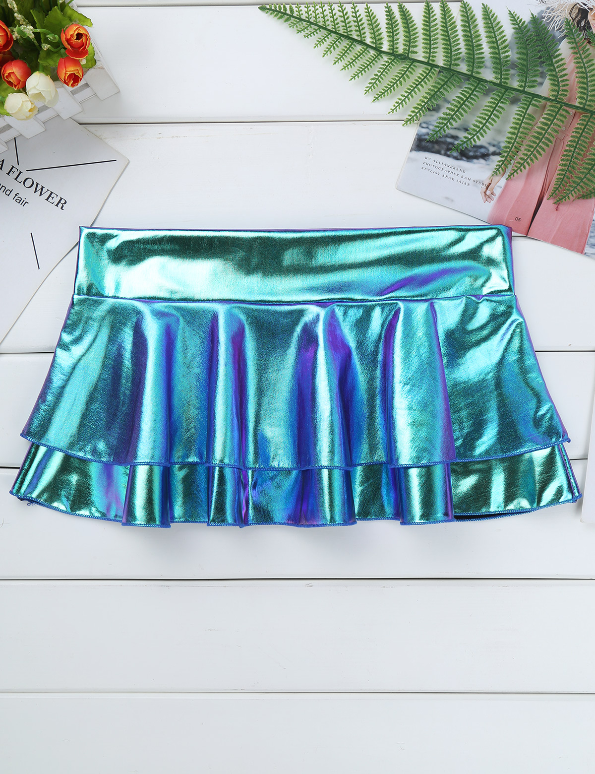 DPOIS Women Shiny Metallic Pleated Mini Skirt Adult Low Rise Elastic Skirts Ruffled Dance Costume Rave Carnival Festival Clothes