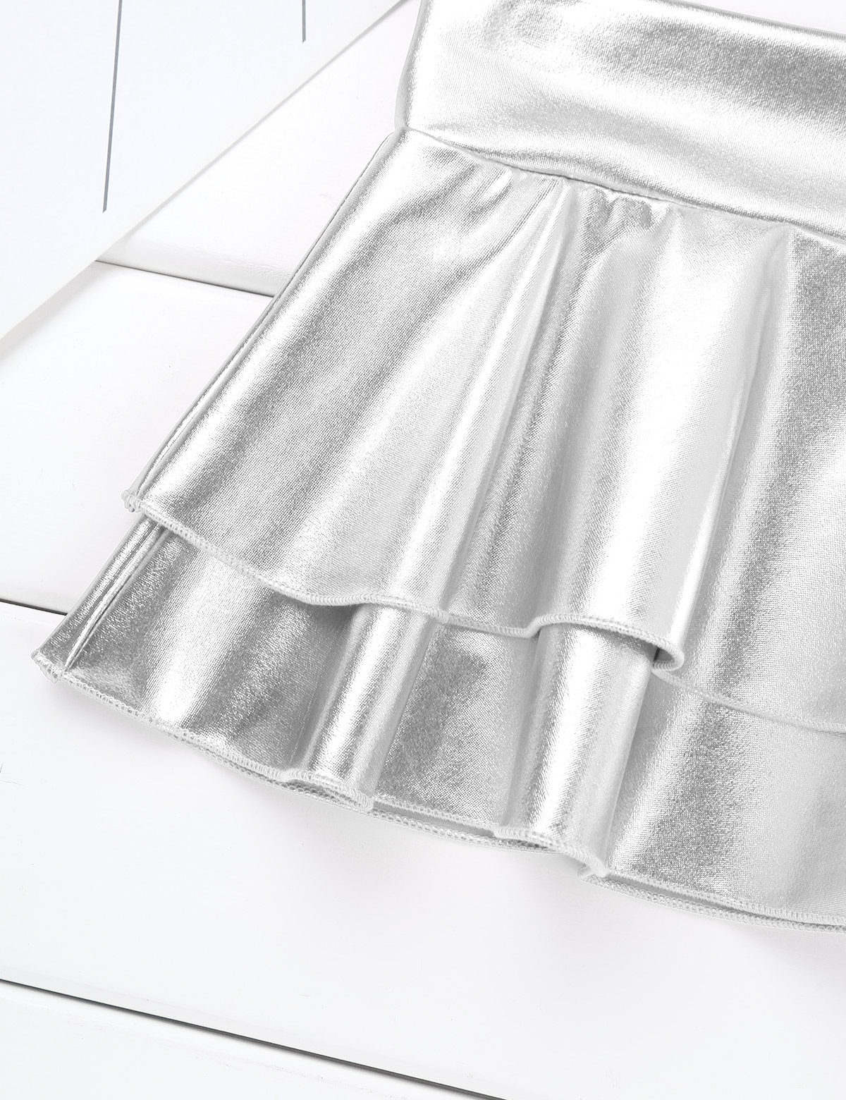 DPOIS Women Shiny Metallic Pleated Mini Skirt Adult Low Rise Elastic Skirts Ruffled Dance Costume Rave Carnival Festival Clothes