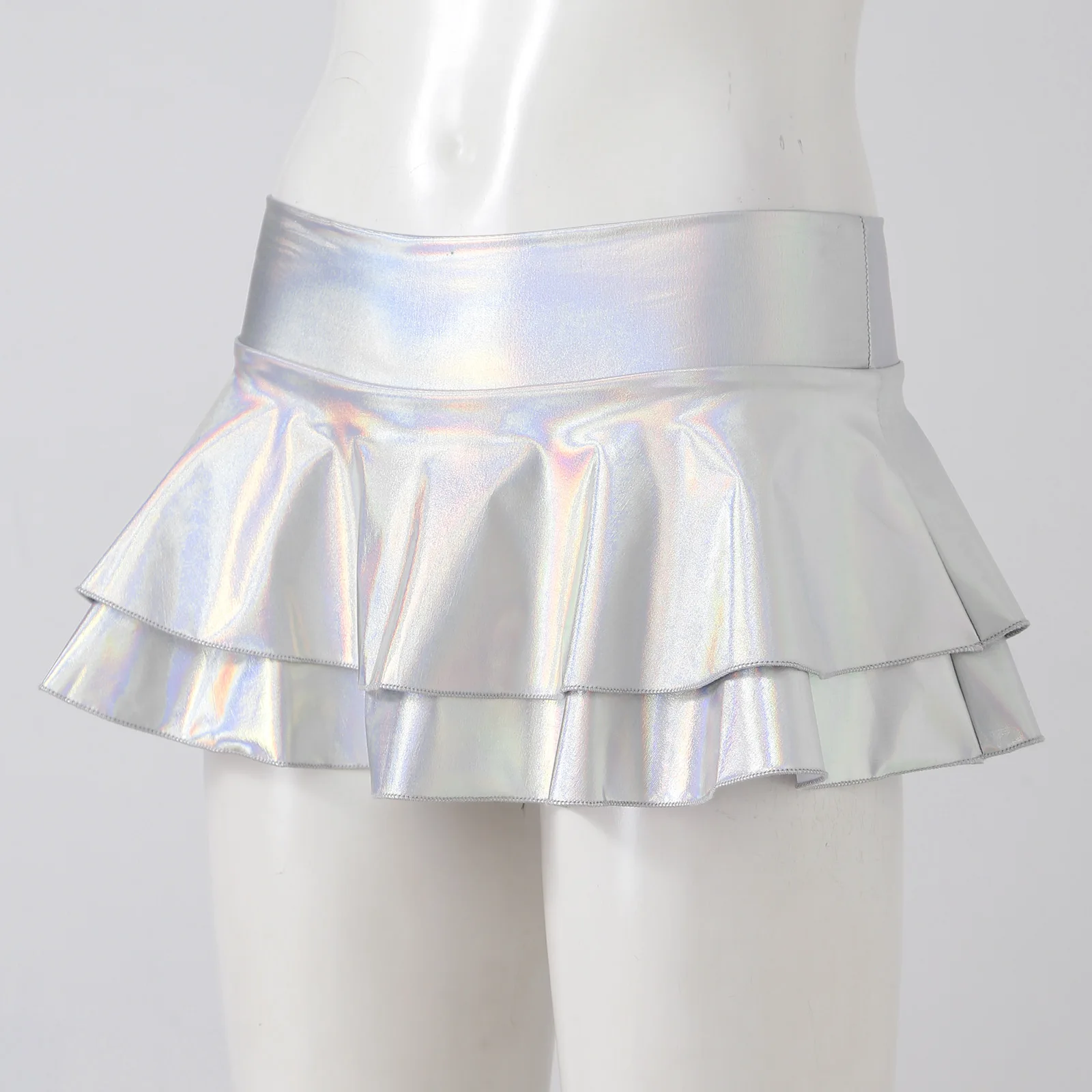DPOIS Women Shiny Metallic Pleated Mini Skirt Adult Low Rise Elastic Skirts Ruffled Dance Costume Rave Carnival Festival Clothes