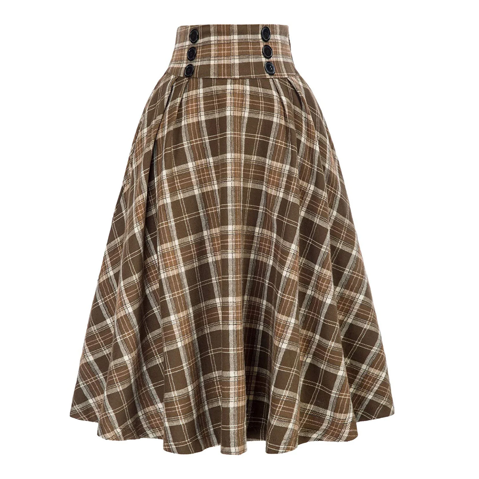 Fashion Women Skirt Elastic High Waist A-Line Midi Skirt Contrast Color Plaid Print Large Hem Mid-Calf Length Skirt