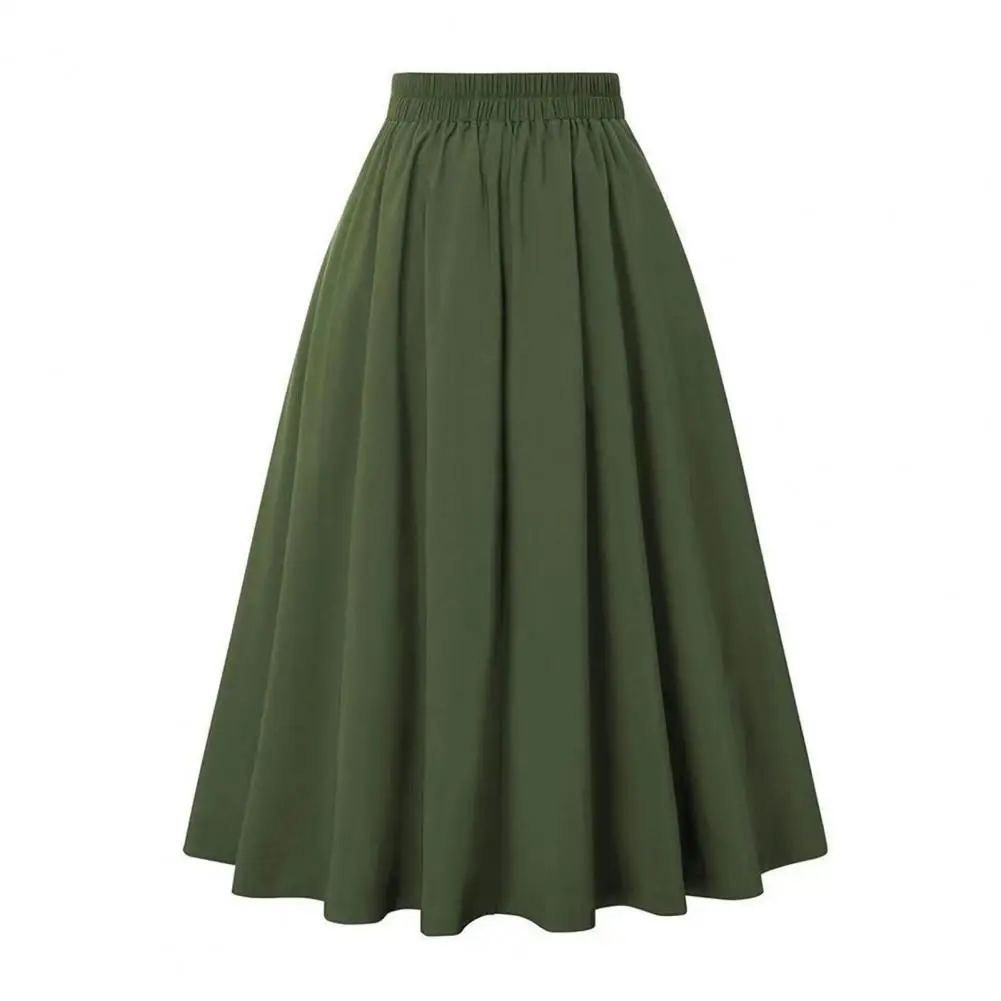 Fashion Women Skirt Elastic High Waist A-Line Midi Skirt Contrast Color Plaid Print Large Hem Mid-Calf Length Skirt