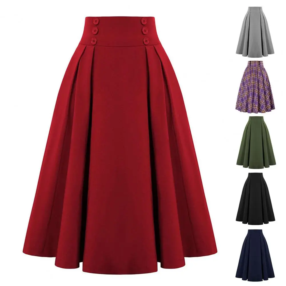 Fashion Women Skirt Elastic High Waist A-Line Midi Skirt Contrast Color Plaid Print Large Hem Mid-Calf Length Skirt