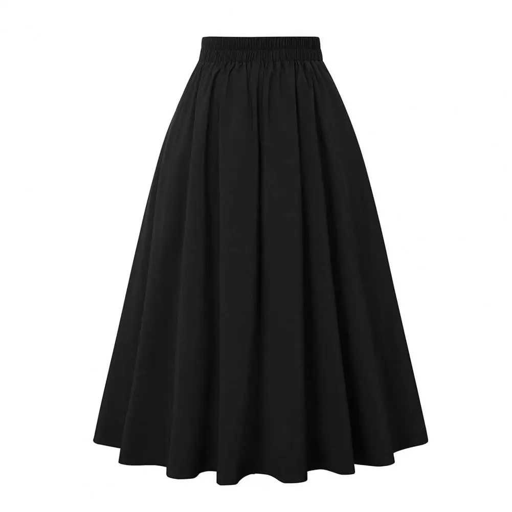 Fashion Women Skirt Elastic High Waist A-Line Midi Skirt Contrast Color Plaid Print Large Hem Mid-Calf Length Skirt
