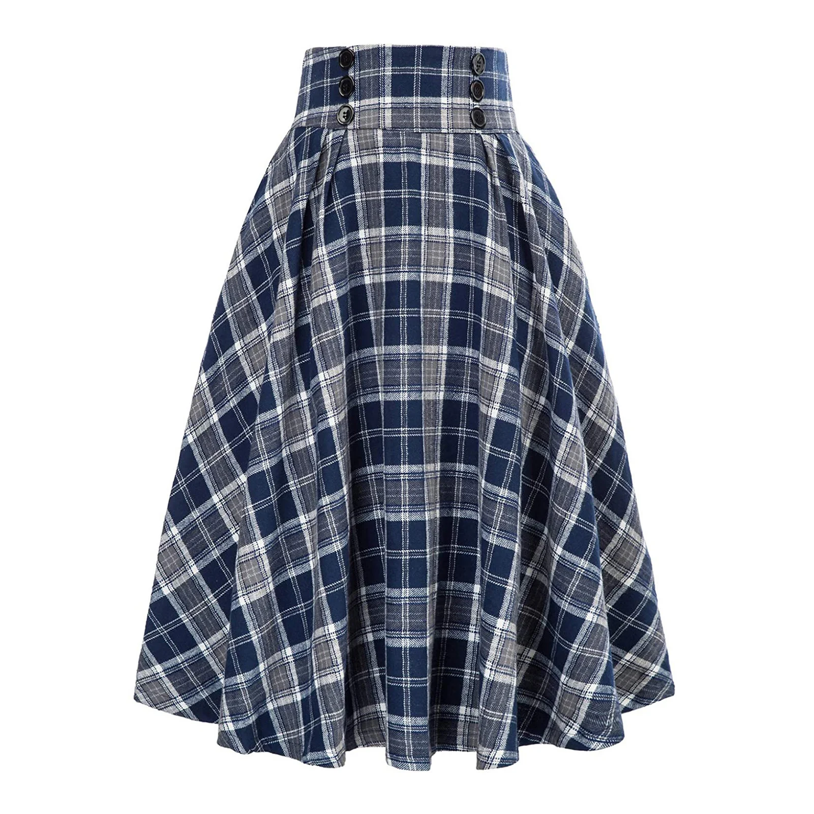 Fashion Women Skirt Elastic High Waist A-Line Midi Skirt Contrast Color Plaid Print Large Hem Mid-Calf Length Skirt