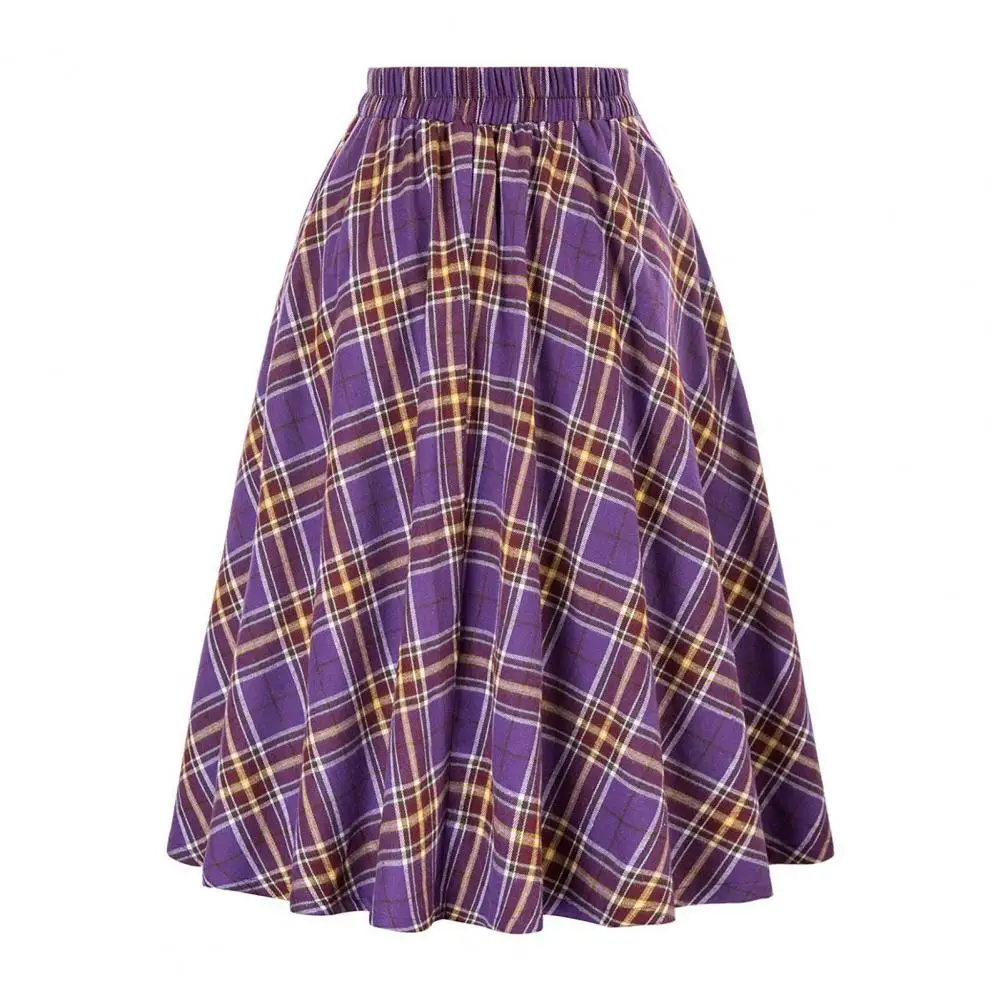 Fashion Women Skirt Elastic High Waist A-Line Midi Skirt Contrast Color Plaid Print Large Hem Mid-Calf Length Skirt