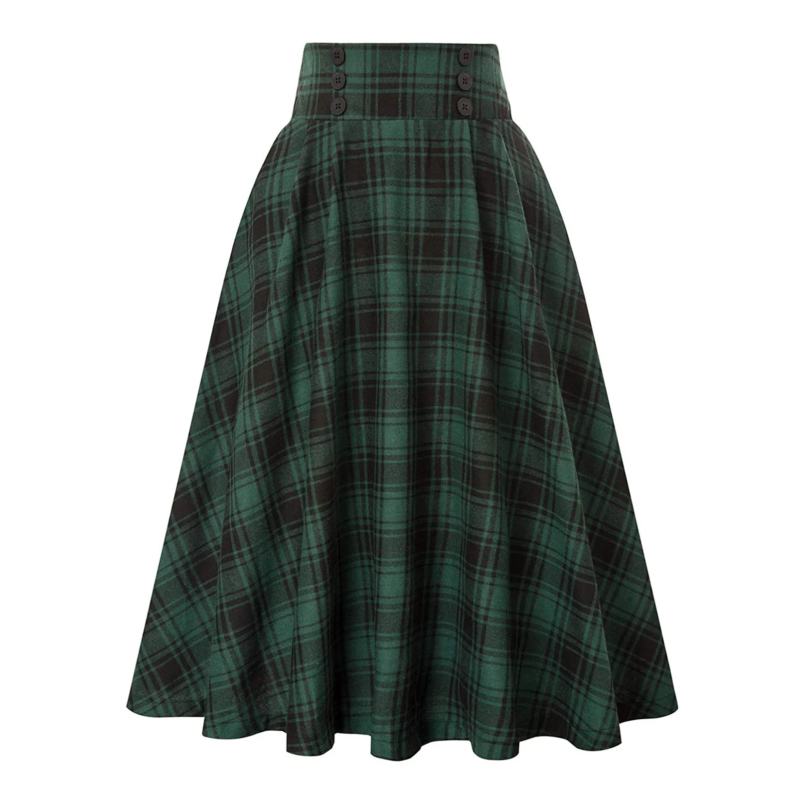 Fashion Women Skirt Elastic High Waist A-Line Midi Skirt Contrast Color Plaid Print Large Hem Mid-Calf Length Skirt