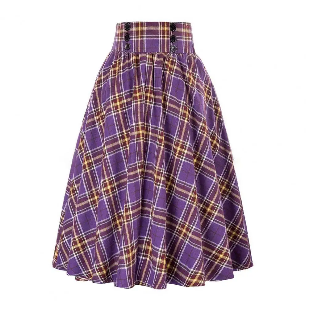 Fashion Women Skirt Elastic High Waist A-Line Midi Skirt Contrast Color Plaid Print Large Hem Mid-Calf Length Skirt