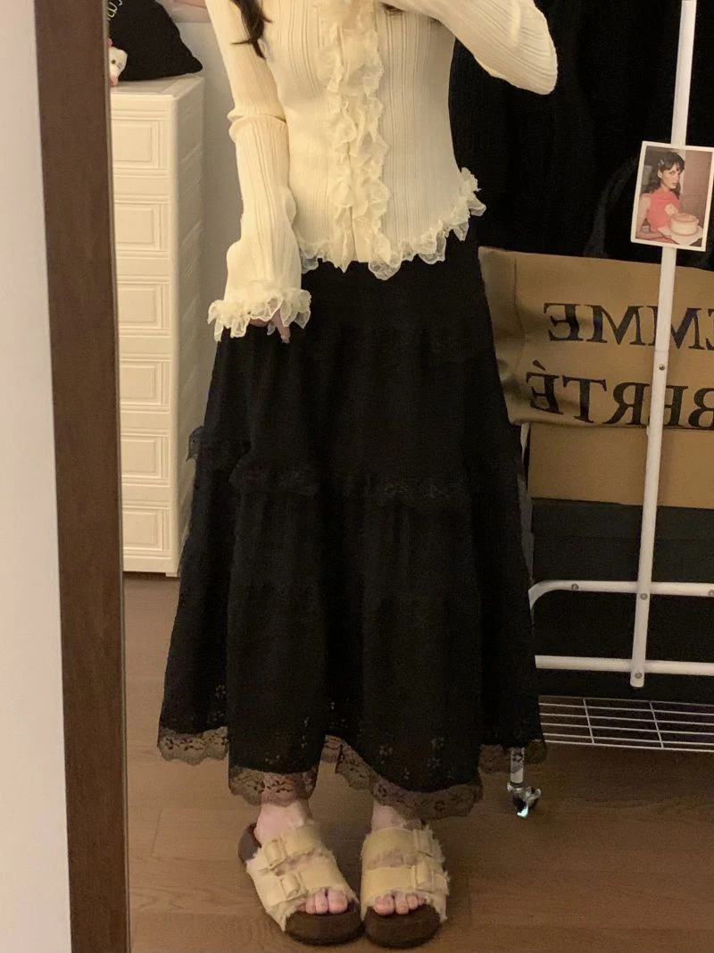 Japanese Sweet Midi Skirt Women Lace Patchwork Ruffle Autumn Winter Cake Skirts Cute High Waist All Match Loose Casual Skirt New