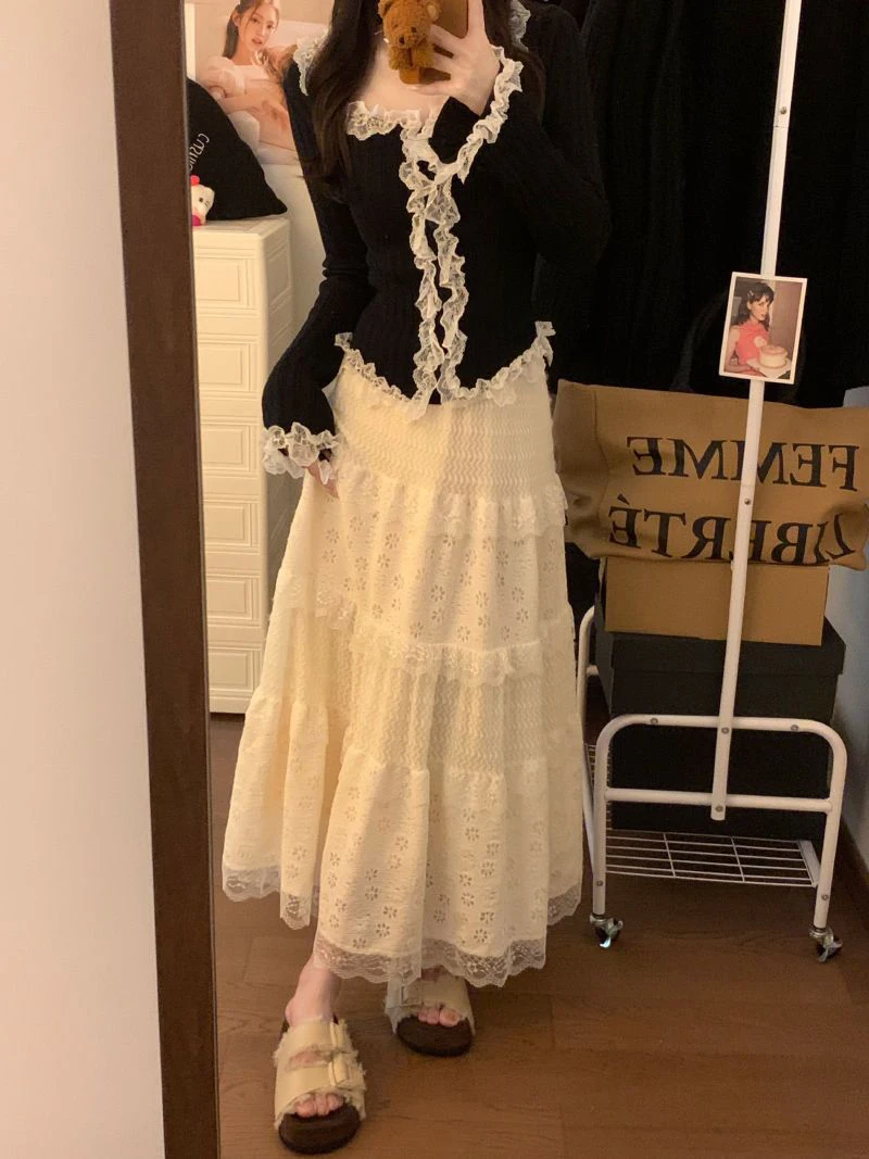 Japanese Sweet Midi Skirt Women Lace Patchwork Ruffle Autumn Winter Cake Skirts Cute High Waist All Match Loose Casual Skirt New