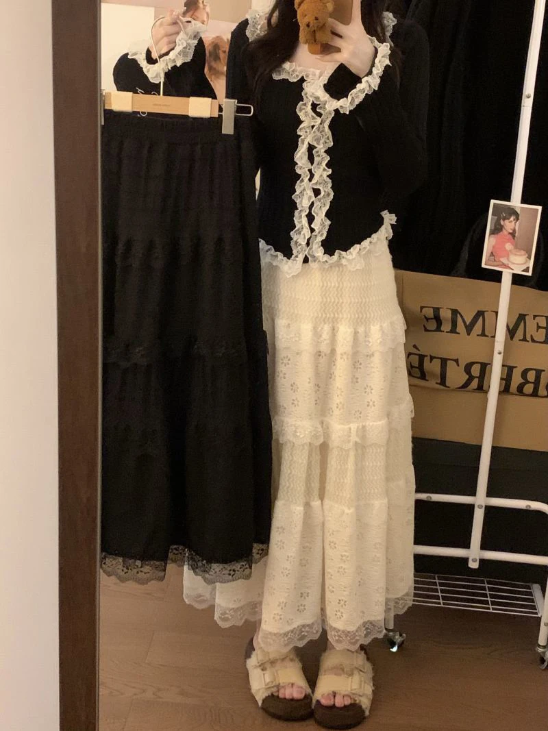 Japanese Sweet Midi Skirt Women Lace Patchwork Ruffle Autumn Winter Cake Skirts Cute High Waist All Match Loose Casual Skirt New
