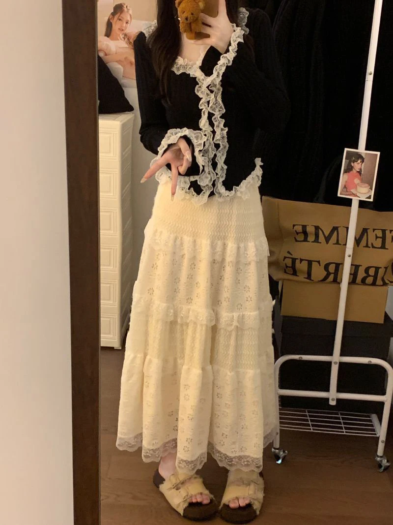 Japanese Sweet Midi Skirt Women Lace Patchwork Ruffle Autumn Winter Cake Skirts Cute High Waist All Match Loose Casual Skirt New