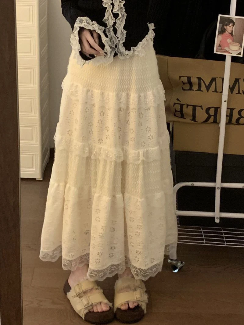 Japanese Sweet Midi Skirt Women Lace Patchwork Ruffle Autumn Winter Cake Skirts Cute High Waist All Match Loose Casual Skirt New