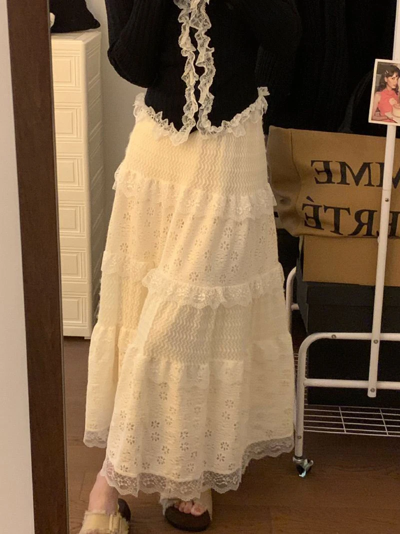 Japanese Sweet Midi Skirt Women Lace Patchwork Ruffle Autumn Winter Cake Skirts Cute High Waist All Match Loose Casual Skirt New