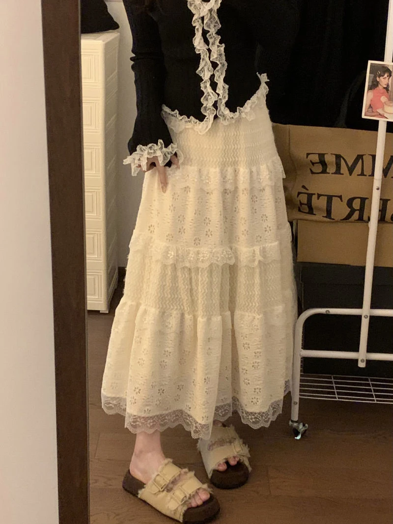 Japanese Sweet Midi Skirt Women Lace Patchwork Ruffle Autumn Winter Cake Skirts Cute High Waist All Match Loose Casual Skirt New