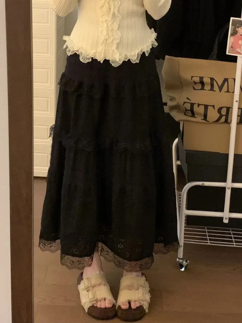 Japanese Sweet Midi Skirt Women Lace Patchwork Ruffle Autumn Winter Cake Skirts Cute High Waist All Match Loose Casual Skirt New