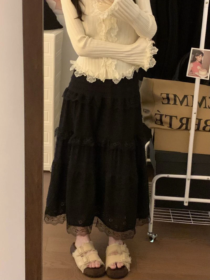 Japanese Sweet Midi Skirt Women Lace Patchwork Ruffle Autumn Winter Cake Skirts Cute High Waist All Match Loose Casual Skirt New