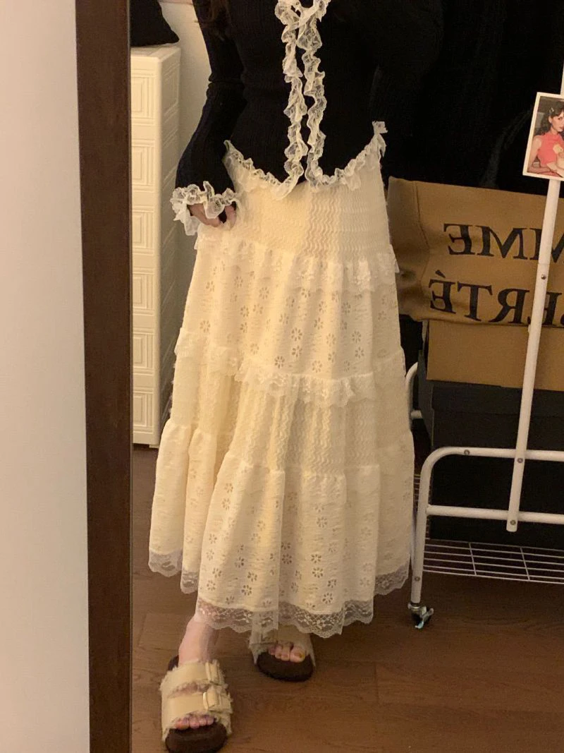 Japanese Sweet Midi Skirt Women Lace Patchwork Ruffle Autumn Winter Cake Skirts Cute High Waist All Match Loose Casual Skirt New