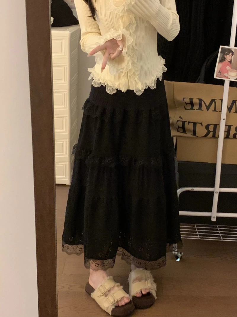 Japanese Sweet Midi Skirt Women Lace Patchwork Ruffle Autumn Winter Cake Skirts Cute High Waist All Match Loose Casual Skirt New
