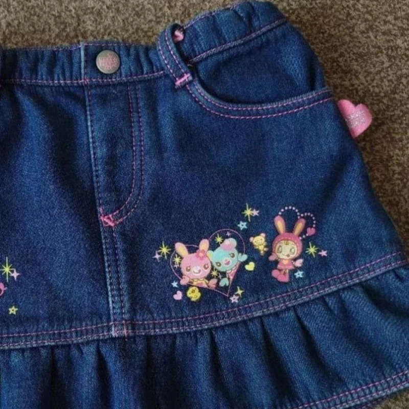 Japanese Kawaii Lolita Style Denim Skirt Women Sweet Cute Cartoon Embroidery A Line Pleated Skirt Y2k Aesthetic Party Mini Skirt