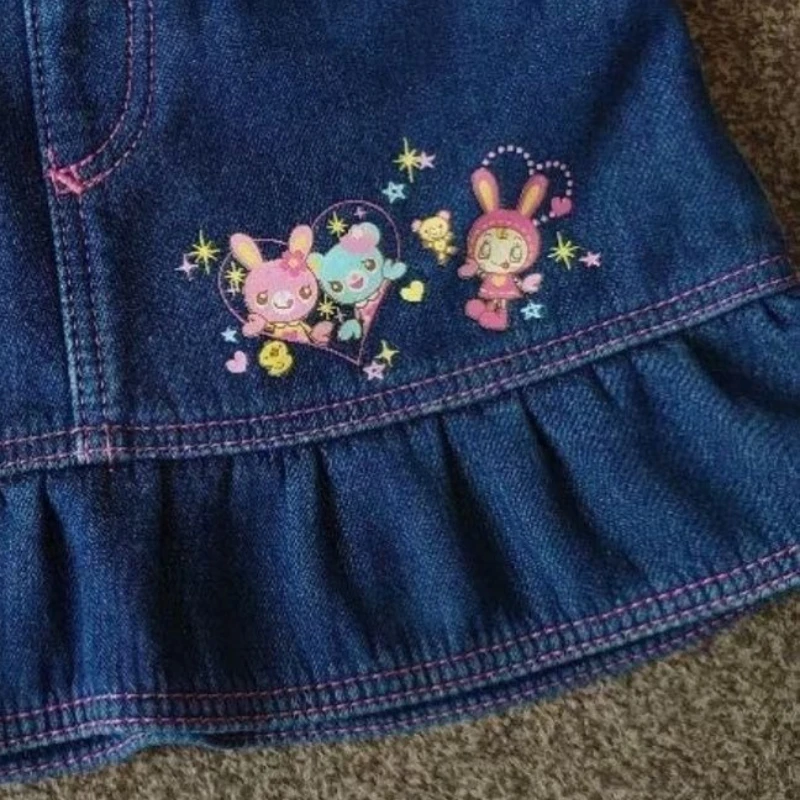 Japanese Kawaii Lolita Style Denim Skirt Women Sweet Cute Cartoon Embroidery A Line Pleated Skirt Y2k Aesthetic Party Mini Skirt