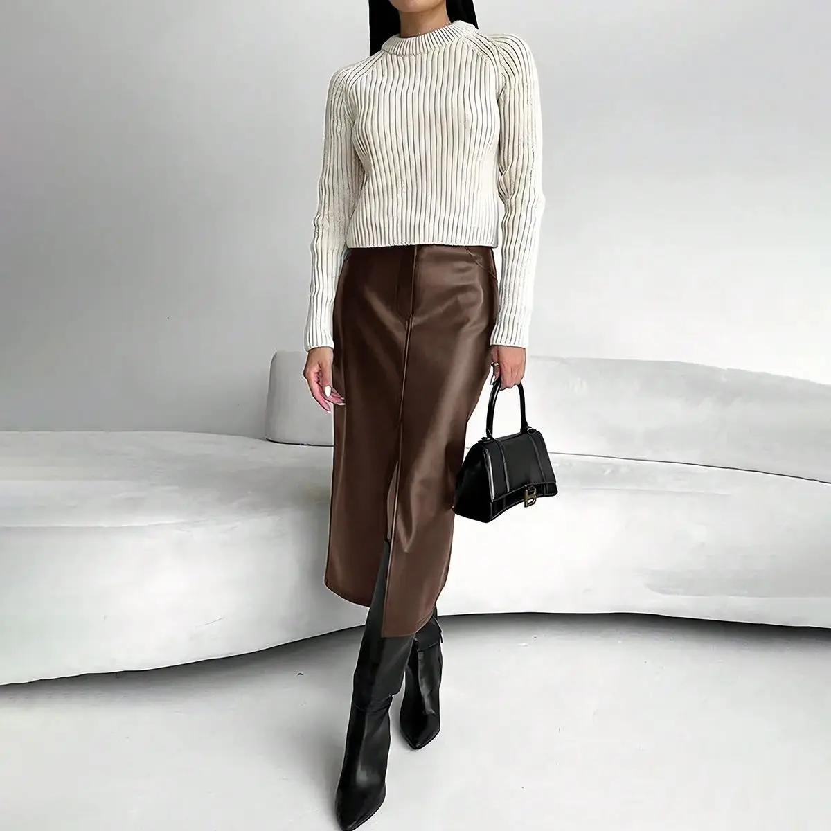 High Waist Leather Skirt for Women Front Slit Long Office Lady Slim Fit Elegant Spring Autumn Ropa De Mujer