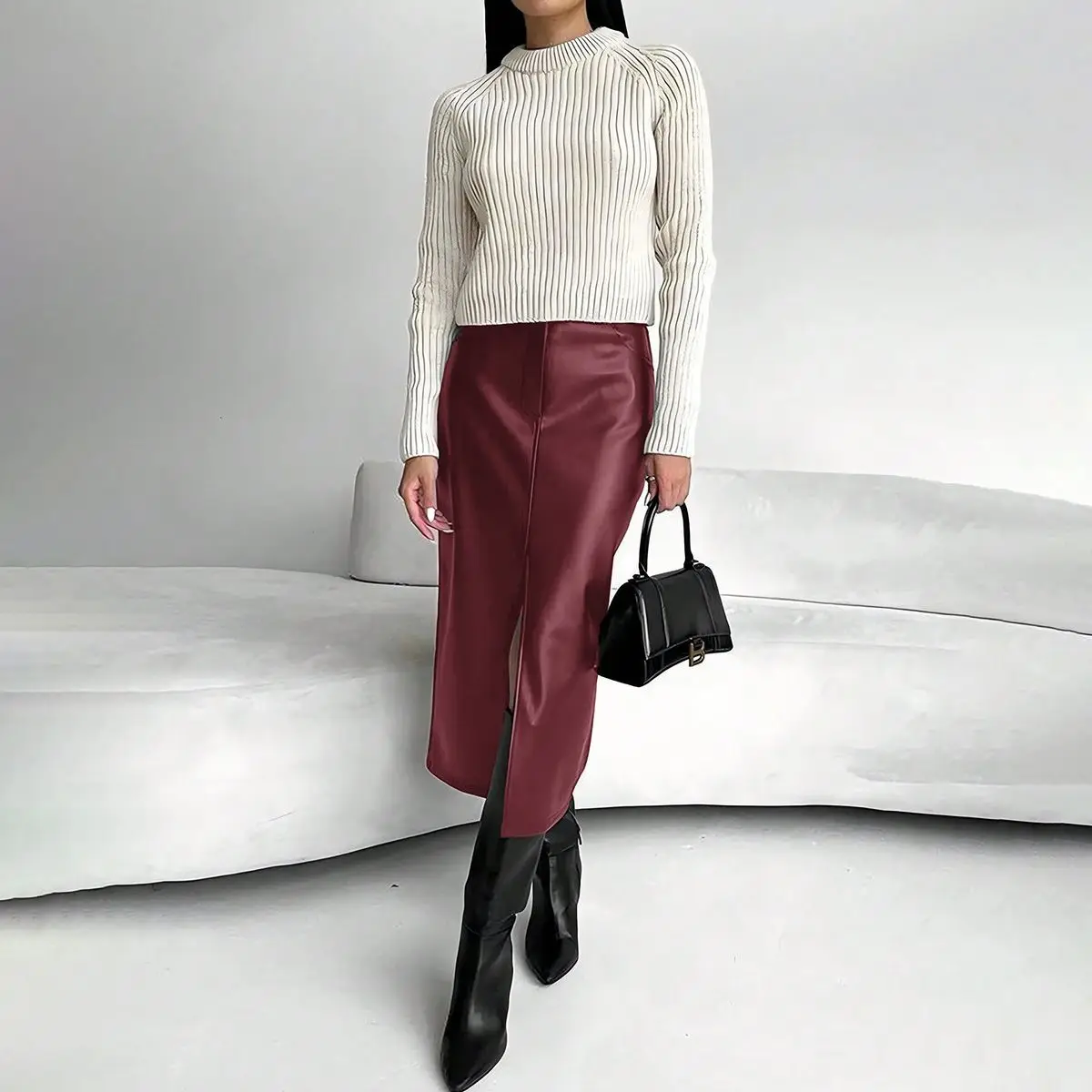 High Waist Leather Skirt for Women Front Slit Long Office Lady Slim Fit Elegant Spring Autumn Ropa De Mujer