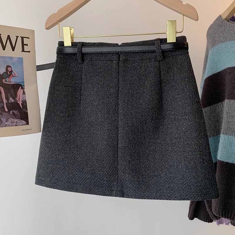 Korean Fashion Office Lady Mini Skirts Elegant Zipper High Waist with Belt Woolen Skirts Female Autumn Winter Thick Short Skirt
