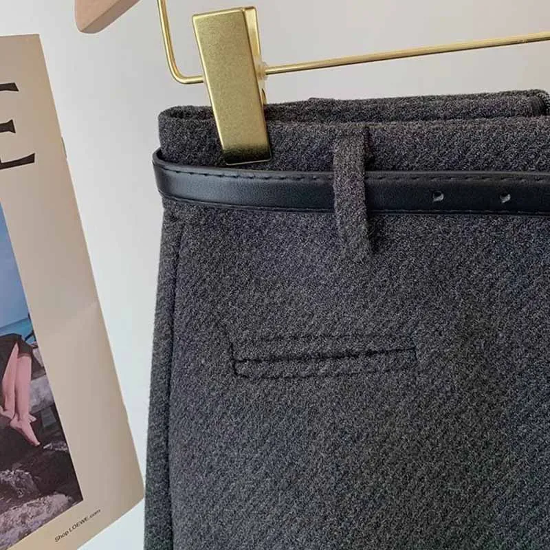 Korean Fashion Office Lady Mini Skirts Elegant Zipper High Waist with Belt Woolen Skirts Female Autumn Winter Thick Short Skirt