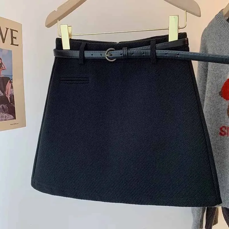 Korean Fashion Office Lady Mini Skirts Elegant Zipper High Waist with Belt Woolen Skirts Female Autumn Winter Thick Short Skirt