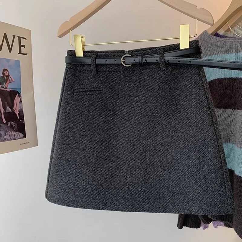 Korean Fashion Office Lady Mini Skirts Elegant Zipper High Waist with Belt Woolen Skirts Female Autumn Winter Thick Short Skirt