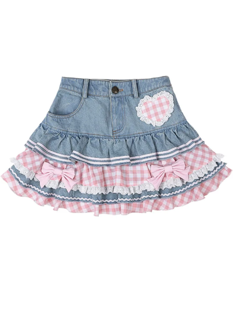 2025 Sweet Lolita Mini Denim Skirts Women Gothic Lace Plaid Hearts Ruffles Jk Skirt Japanese Girls Sexy Y2k Punk Tiered Skirt