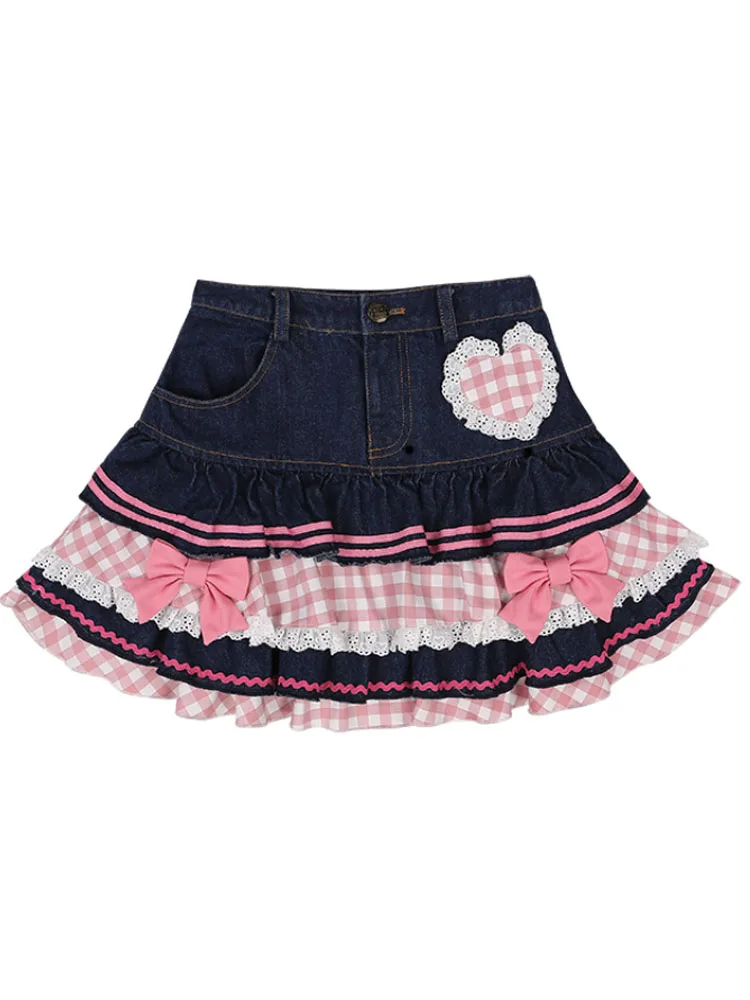 2025 Sweet Lolita Mini Denim Skirts Women Gothic Lace Plaid Hearts Ruffles Jk Skirt Japanese Girls Sexy Y2k Punk Tiered Skirt