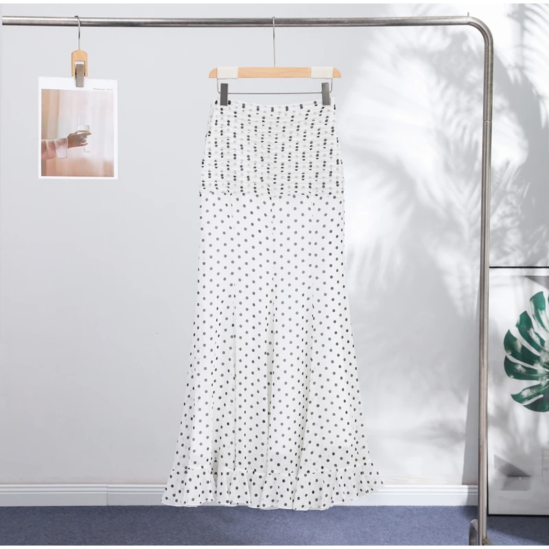 Polka Dot Women ‘s Skirt Elegant High Waist Ruched Ruffle Hem Mermaid Long Skirt Female 2026 Summer Casual Party Streetwears