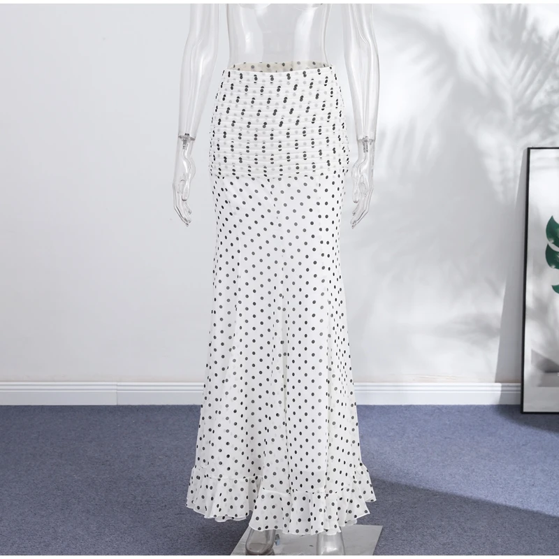 Polka Dot Women ‘s Skirt Elegant High Waist Ruched Ruffle Hem Mermaid Long Skirt Female 2026 Summer Casual Party Streetwears