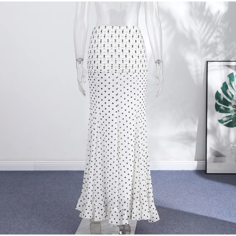 Polka Dot Women ‘s Skirt Elegant High Waist Ruched Ruffle Hem Mermaid Long Skirt Female 2026 Summer Casual Party Streetwears