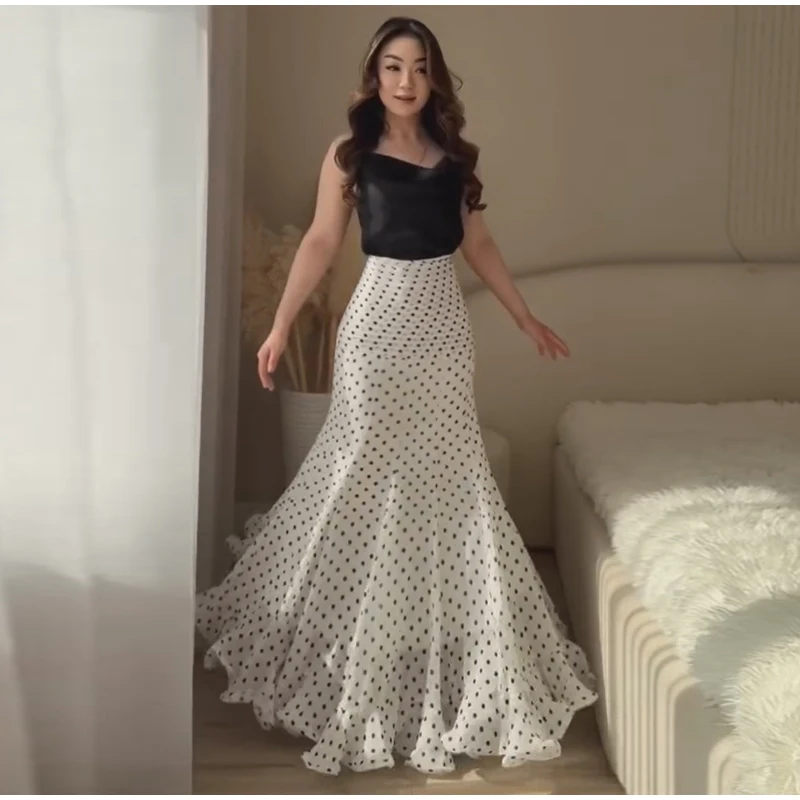 Polka Dot Women ‘s Skirt Elegant High Waist Ruched Ruffle Hem Mermaid Long Skirt Female 2026 Summer Casual Party Streetwears