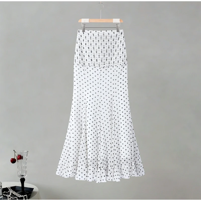 Polka Dot Women ‘s Skirt Elegant High Waist Ruched Ruffle Hem Mermaid Long Skirt Female 2026 Summer Casual Party Streetwears