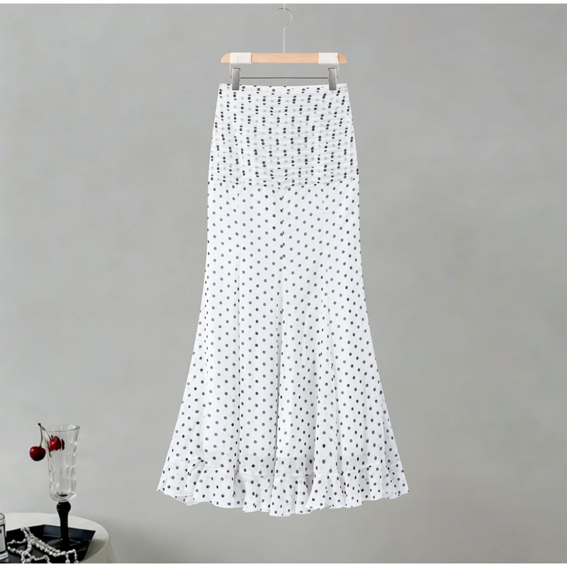 Polka Dot Women ‘s Skirt Elegant High Waist Ruched Ruffle Hem Mermaid Long Skirt Female 2026 Summer Casual Party Streetwears