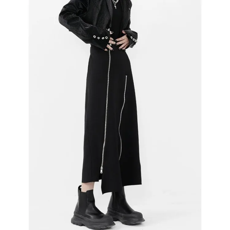 Harajuku Long Skirt Women Black High Waist A-line Zipper Split Irregular Japanese Fashion Midi Autumn Streetwear
