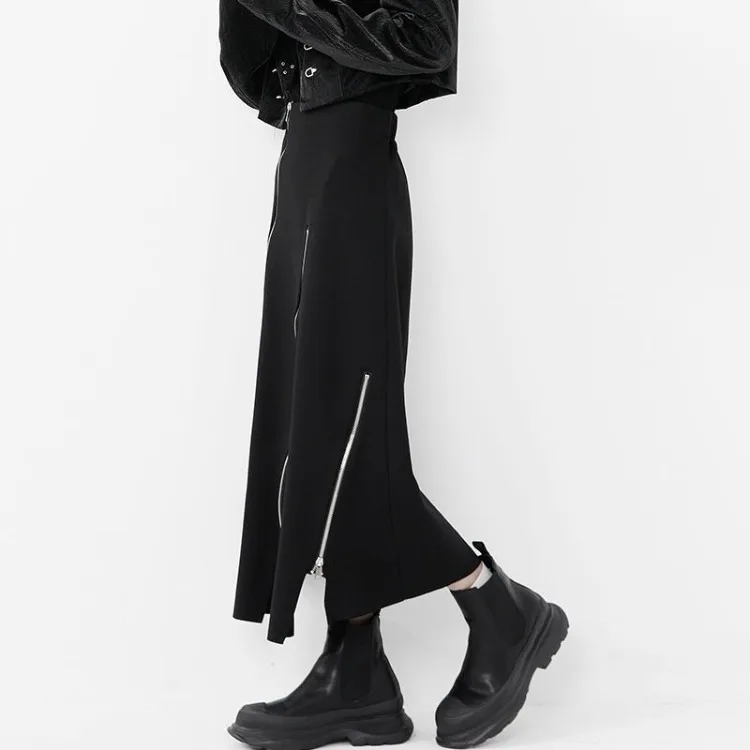 Harajuku Long Skirt Women Black High Waist A-line Zipper Split Irregular Japanese Fashion Midi Autumn Streetwear