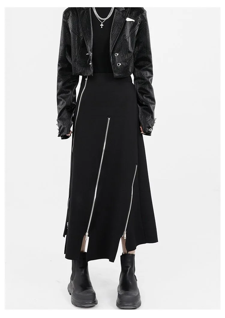 Harajuku Long Skirt Women Black High Waist A-line Zipper Split Irregular Japanese Fashion Midi Autumn Streetwear