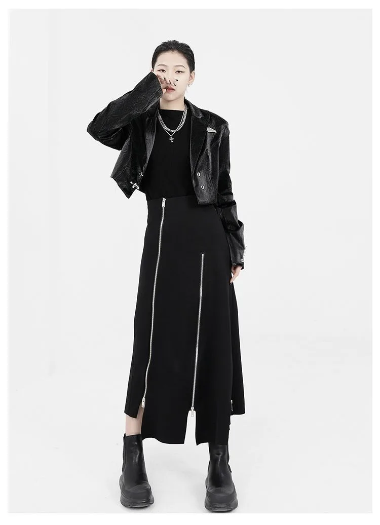 Harajuku Long Skirt Women Black High Waist A-line Zipper Split Irregular Japanese Fashion Midi Autumn Streetwear