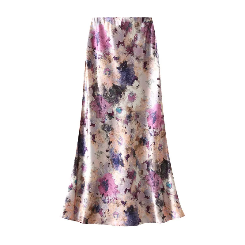 Women Luxury Pastel Floral Satin Long Skirts 2026 Spring Summer High Waist Elegant Chic Faldas