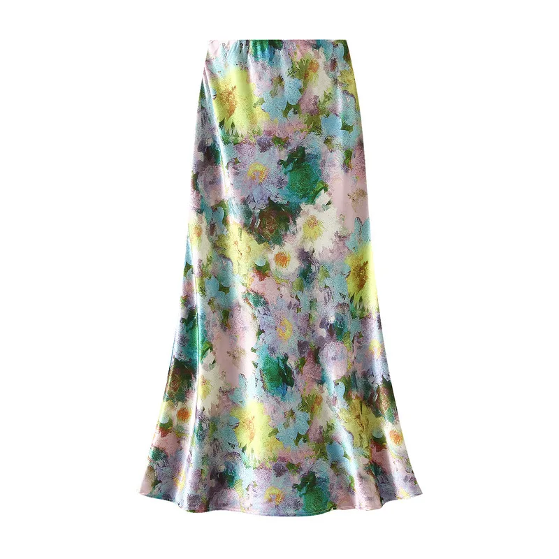 Women Luxury Pastel Floral Satin Long Skirts 2026 Spring Summer High Waist Elegant Chic Faldas
