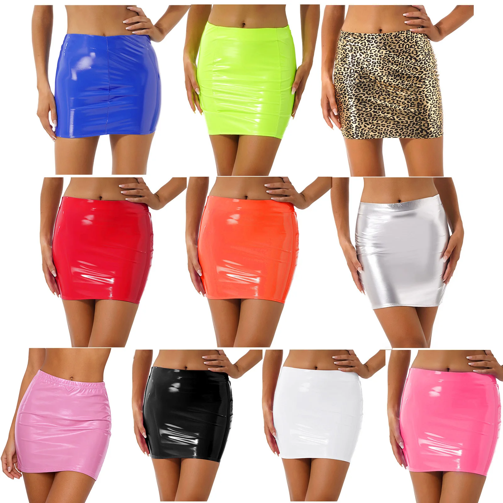 Women Pencil Skirt Wet Look Latex Skirt Patent Leather Elastic Waistband Miniskirt Solid Color Sexy Shiny Skirts Glossy Clubwear
