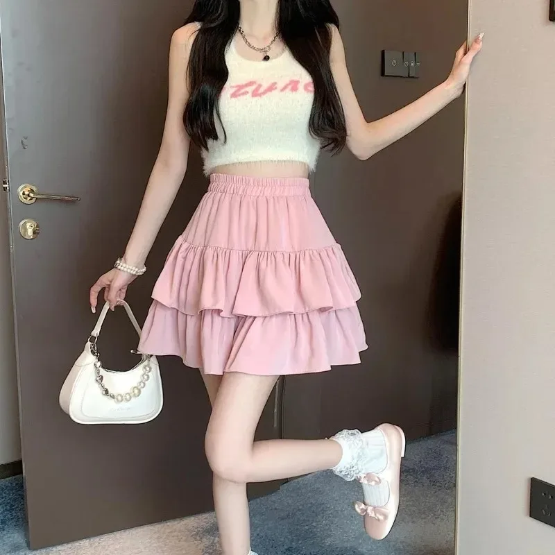 Cute Tiered Ruffle Skirt Women's Flounced A-line Puffy Short Skirts Stretchy High-Waist Mini Skirt Babes Korean Fashion Clothing