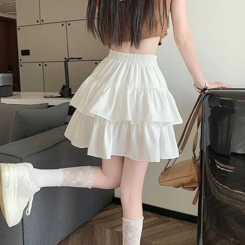 Cute Tiered Ruffle Skirt Women's Flounced A-line Puffy Short Skirts Stretchy High-Waist Mini Skirt Babes Korean Fashion Clothing