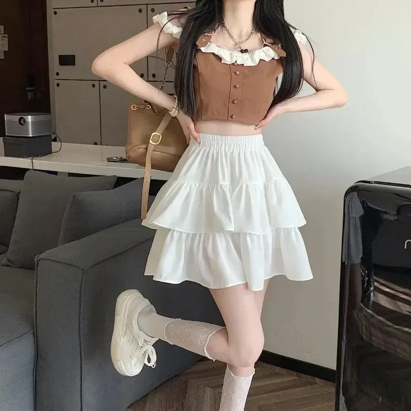Cute Tiered Ruffle Skirt Women's Flounced A-line Puffy Short Skirts Stretchy High-Waist Mini Skirt Babes Korean Fashion Clothing