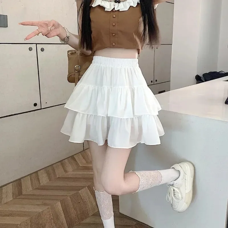 Cute Tiered Ruffle Skirt Women's Flounced A-line Puffy Short Skirts Stretchy High-Waist Mini Skirt Babes Korean Fashion Clothing